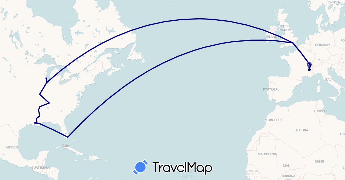 TravelMap itinerary: driving in Switzerland, France, United Kingdom, United States (Europe, North America)