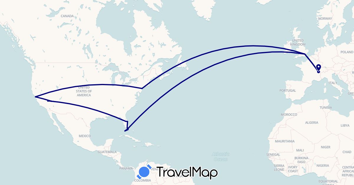 TravelMap itinerary: driving in Switzerland, United Kingdom, United States (Europe, North America)